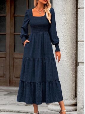 Kirundo Navy Smocked Square-Neck Tiered Maxi Dress with Pockets Large
